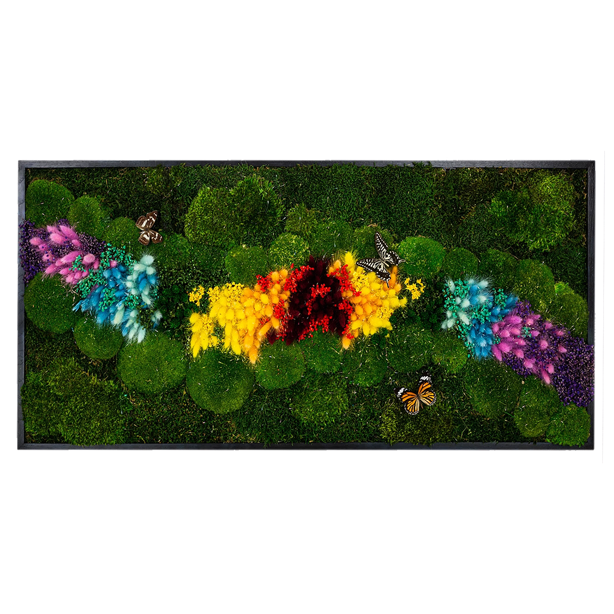 Colorful Butterflies, Flowers + Moss Wall Art with LED Frame Lighting
