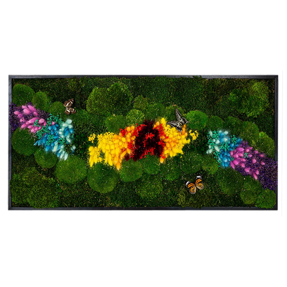 Colorful Butterflies, Flowers + Moss Wall Art with LED Frame Lighting