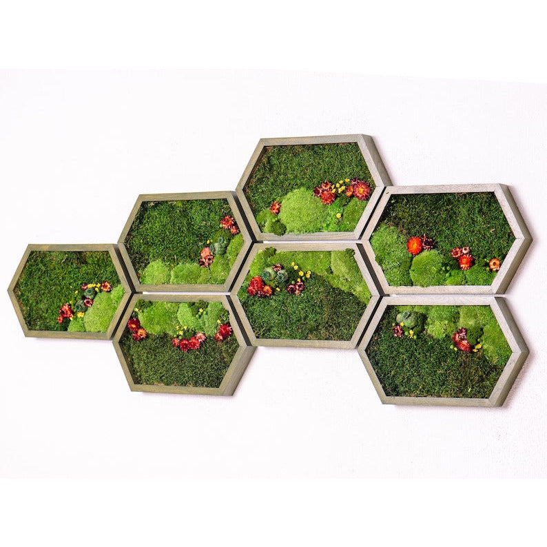 Wide Honeycomb Moss and Flowers Wall Art with LED Frame Lighting - Bright America LLC