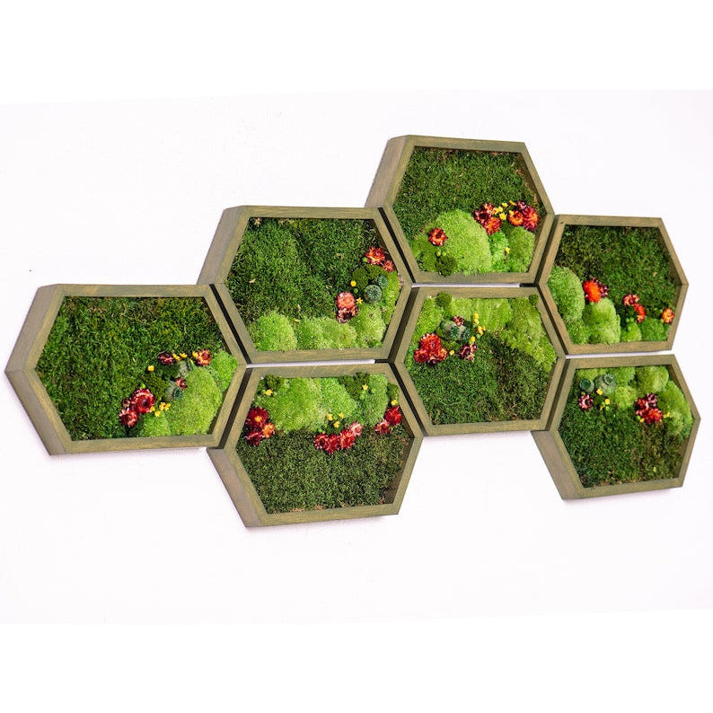 Wide Honeycomb Moss and Flowers Wall Art with LED Frame Lighting - Bright America LLC