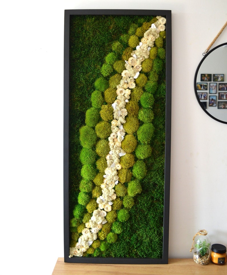 Wide Green Moss + Dried White Flowers Wall Art - Bright America LLC