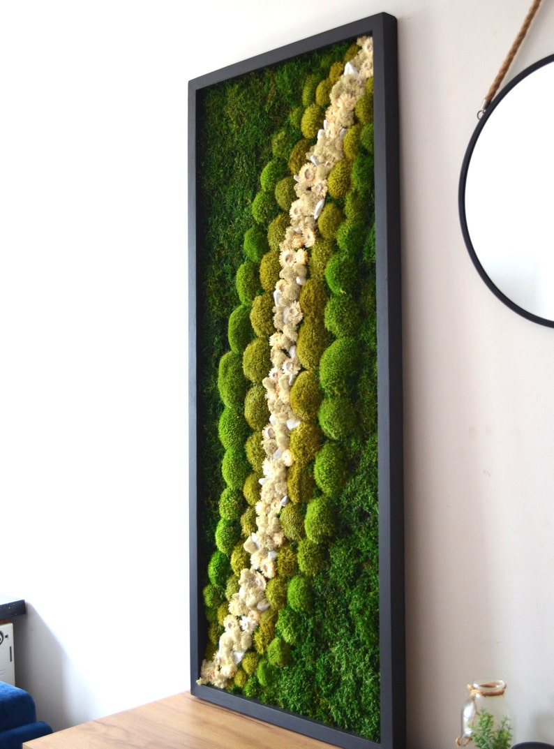 Wide Green Moss + Dried White Flowers Wall Art - Bright America LLC