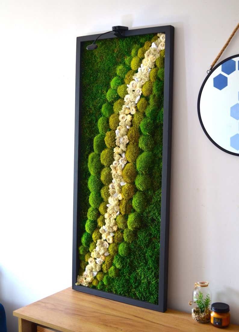 Wide Green Moss + Dried White Flowers Wall Art - Bright America LLC