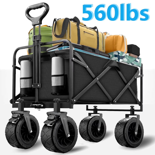 560Lbs Collapsible Folding Wagon, Big Bucket Beach Cart, Heavy Duty Large Capacity Garden Wagon with Multi-Terrain Brake Wheels for Outdoor Camping, Shopping, Sports, Grocery, Kids, Black