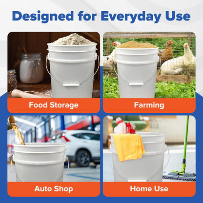 White 5-Gallon Bucket with Lid | Made in USA | Food Grade | Heavy-Duty Extra Durable Plastic Bucket | Multi-Use Food Grade Buckets with Lids | Easy Stack and Store | BPA Free | 6 Pack