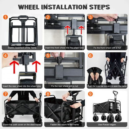 560Lbs Collapsible Folding Wagon, Big Bucket Beach Cart, Heavy Duty Large Capacity Garden Wagon with Multi-Terrain Brake Wheels for Outdoor Camping, Shopping, Sports, Grocery, Kids, Black