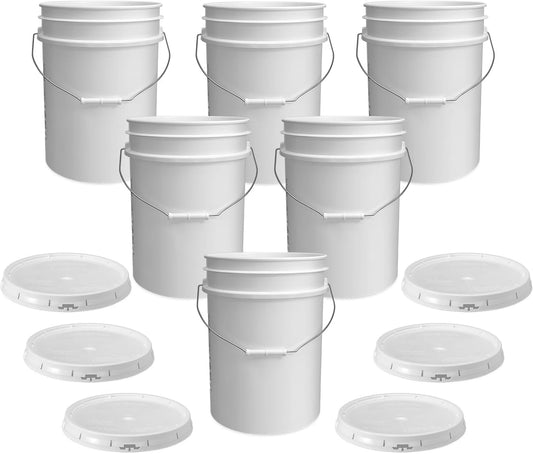 White 5-Gallon Bucket with Lid | Made in USA | Food Grade | Heavy-Duty Extra Durable Plastic Bucket | Multi-Use Food Grade Buckets with Lids | Easy Stack and Store | BPA Free | 6 Pack