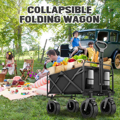 560Lbs Collapsible Folding Wagon, Big Bucket Beach Cart, Heavy Duty Large Capacity Garden Wagon with Multi-Terrain Brake Wheels for Outdoor Camping, Shopping, Sports, Grocery, Kids, Black